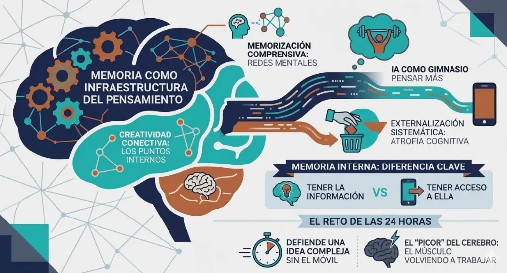 Diagrama conceptual que contrapone la memoria como infraestructura del pensamiento (creatividad conectiva, asimilación profunda) frente a la externalización sistemática mediante IA y Google, que conduce a la pereza y atrofia cognitiva.